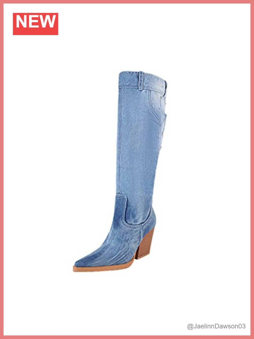 Vegan Denim Knee High Boots Pointy Toe Chunky Stacked Heel Cowgirl Boot